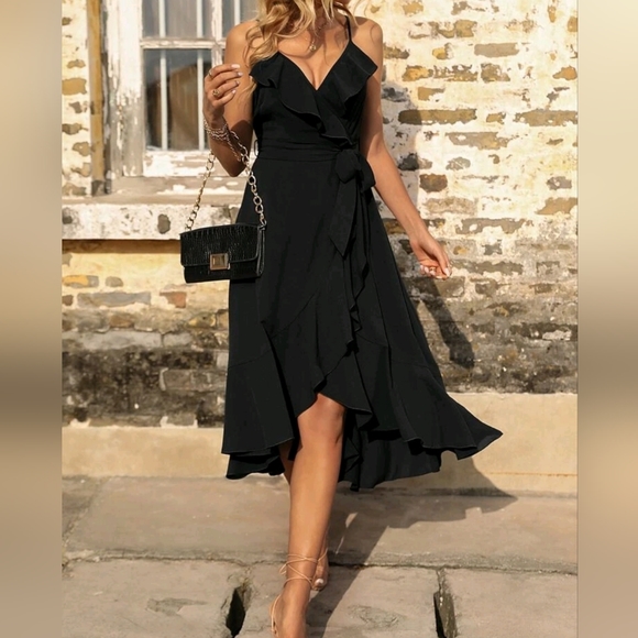 New Boho Ruffle Cami Wrap Slip Dress High Low Black - Picture 6 of 8